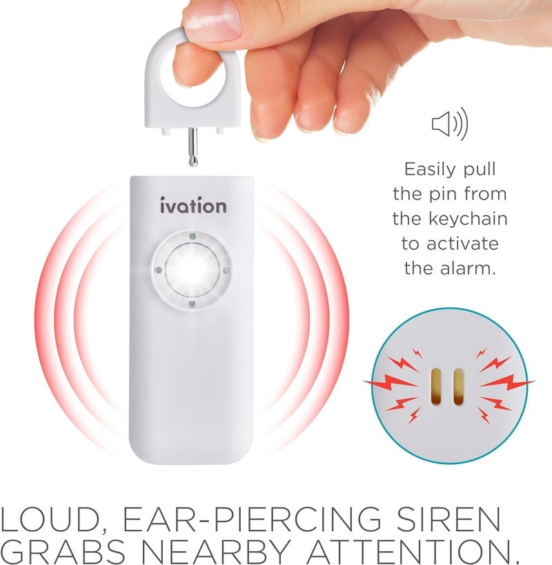 Ivation Personal Rechargeable SOS Alarm, Pocket Size Loud 130dB Sound Safety Siren & LED Panic Strobe Light with Carabiner Keychain Clip for Women, Children & Seniors, White - Image 3